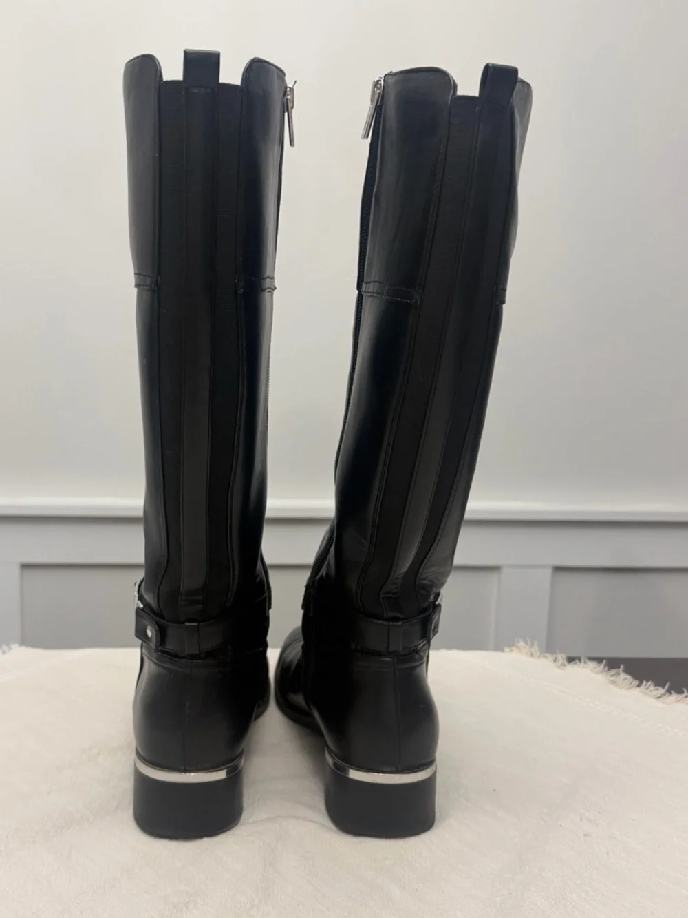 Calvin Klein Knee High Boots • Black Leather • CK Logo Strap • Size 9